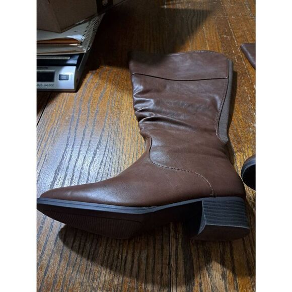 Size 9W DD Wide Calf Lane Bryant Brown Side Zip Stacked Low Block Heel Boots - Picture 5 of 9